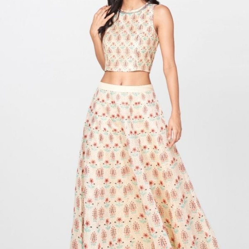 Beige Floral Embroidered Two Piece Set